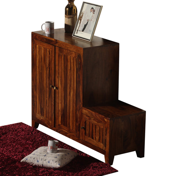 Frill Solid Wood Shoe Rack with Sitting Space in Honey Oak finish - Rajasthali Furniture