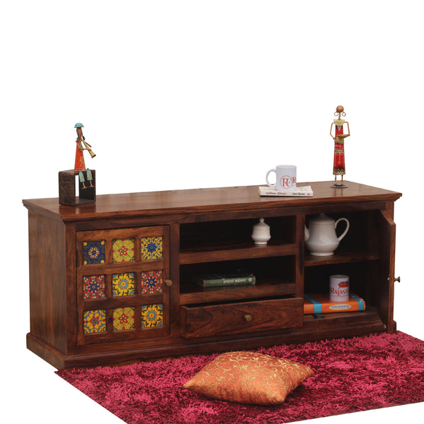 Lazio Two Door with One Center Drawer Wooden LCD Cabinet in Honey oak Finish - Rajasthali Furniture