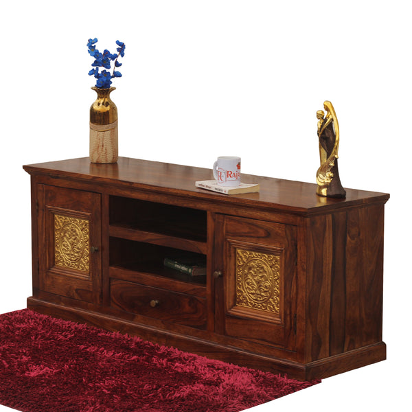 Mabel Two Door with one center drawer wooden LCD cabinet in honey oak finish - Rajasthali Furniture