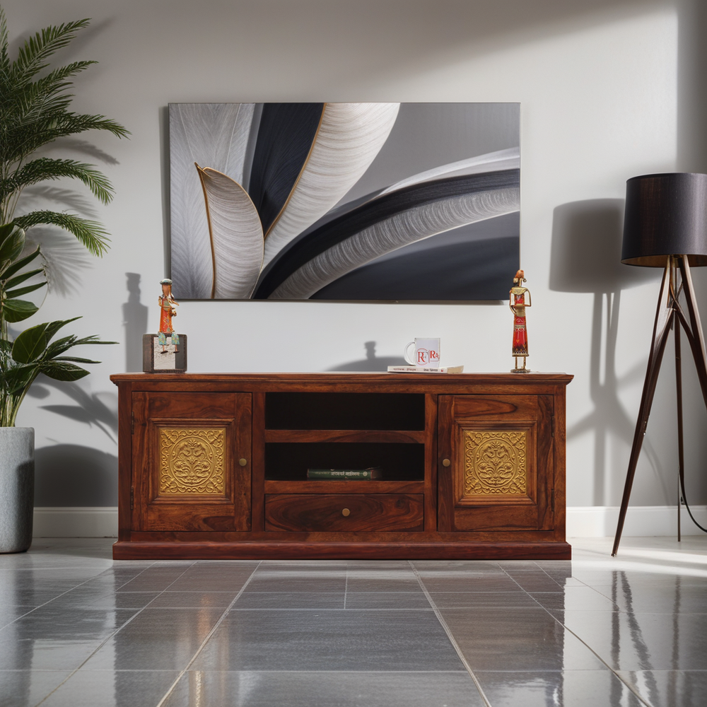Mabel Two Door with one center drawer wooden LCD cabinet in honey oak finish - Rajasthali Furniture
