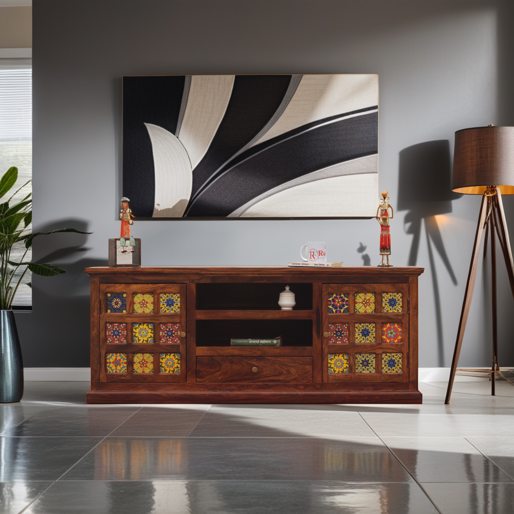Lazio Two Door with One Center Drawer Wooden LCD Cabinet in Honey oak Finish - Rajasthali Furniture