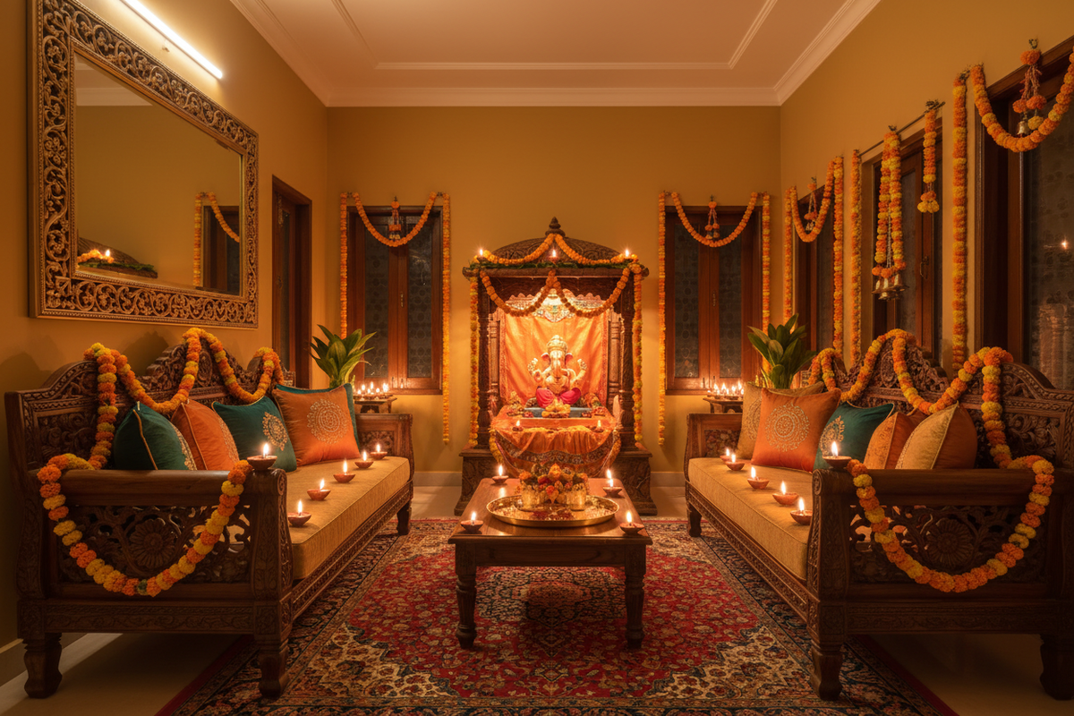 Festive Indian living room with handcrafted Sheesham wood furniture by Rajasthali, decorated for Ganesh Chaturthi with diyas, marigold garlands and a Ganesha idol