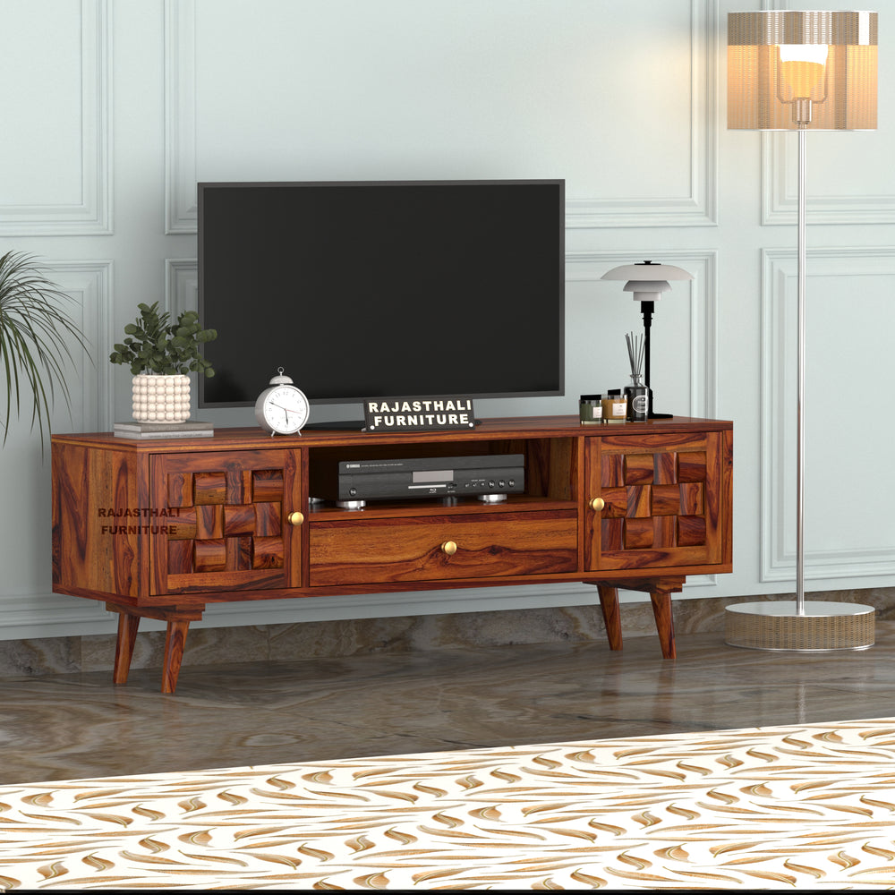 Sheesham Wood TV Unit with Mosaic Carved Doors | Solid Wood TV Console - Rajasthali Furniture 