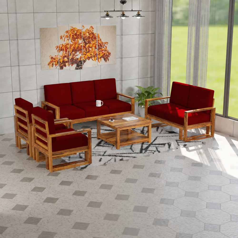 Cucus Sheesham Wood Sofa Set (3+2+1+1, Natural Finish)