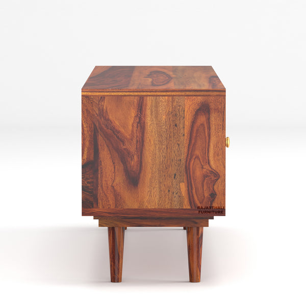Sheesham Wood TV Unit with Mosaic Carved Doors | Solid Wood TV Console - Rajasthali Furniture 