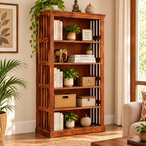 Solid Wood Jali Bookcase (Natural Finish) - Rajasthali Furniture 