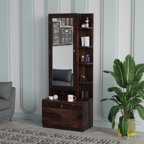 Solid Sheesham Wood Dressing Table, Organizer Makeup Vanity with Mirror Storage Shelves for Bedroom - Rajasthali Furniture 
