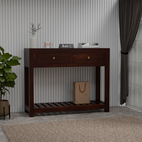 Solid Wood Two Drawer Console Unit with Table Top for Your Bedroom, Wooden Console for Bathroom in Natural Finish