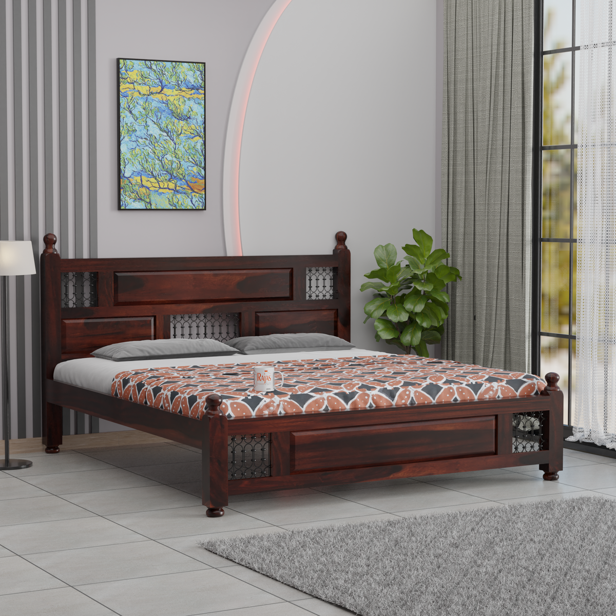 Solid Sheesham Wood King Size Bed with Headboard | Double Bed without Storage in Natural Finish | Double Bed for Bed room