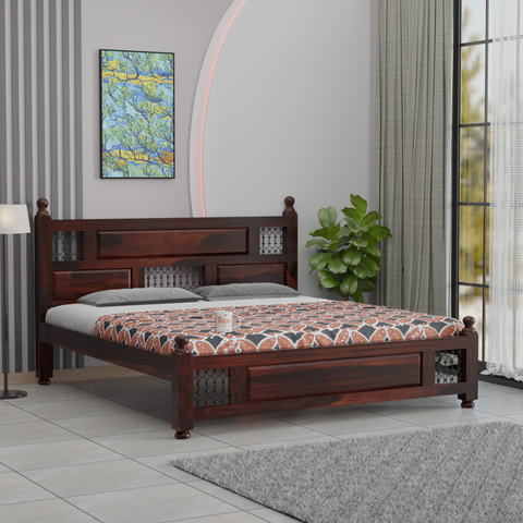 Solid Sheesham Wood King Size Bed with Headboard | Double Bed without Storage in Natural Finish | Double Bed for Bed room