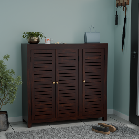 Haze Solid Wood Three Door One Drawer Shoe Rack in Honey Oak Finish
