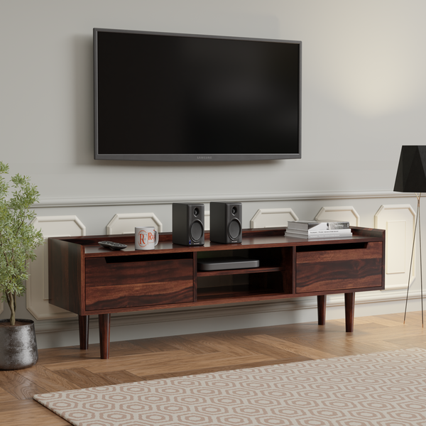 Solid Wood Two Door with one center wooden Shelf LCD cabinet with rustic legs in honey oak finish - Rajasthali Furniture 