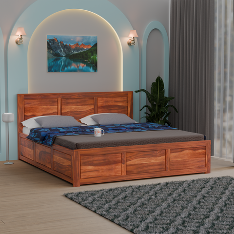 Solid Sheesham Wood King Size Bed with Headboard | Double Bed without Storage in Natural and Walnut Finish