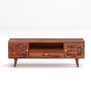 Sheesham Wood TV Unit with Mosaic Carved Doors | Solid Wood TV Console | Diamond