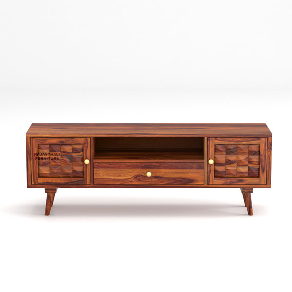 Sheesham Wood TV Unit with Mosaic Carved Doors | Solid Wood TV Console | Diamond