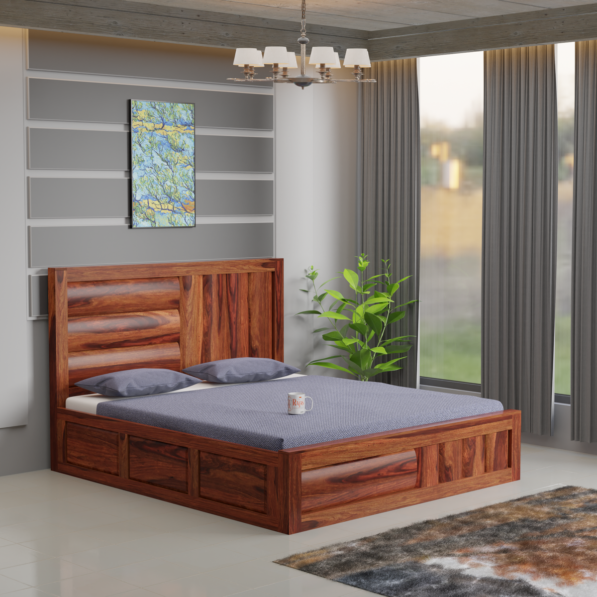 Solid Wood King Size Badi Niwar Double Bed with Box Storage in Natural Finish