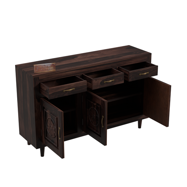 Wooden Sideboard Storage Cabinet with 3 Drawers and 3 Doors Storage Wooden Cabinet for Living Room in Walnut Finish - Rajasthali Furniture 