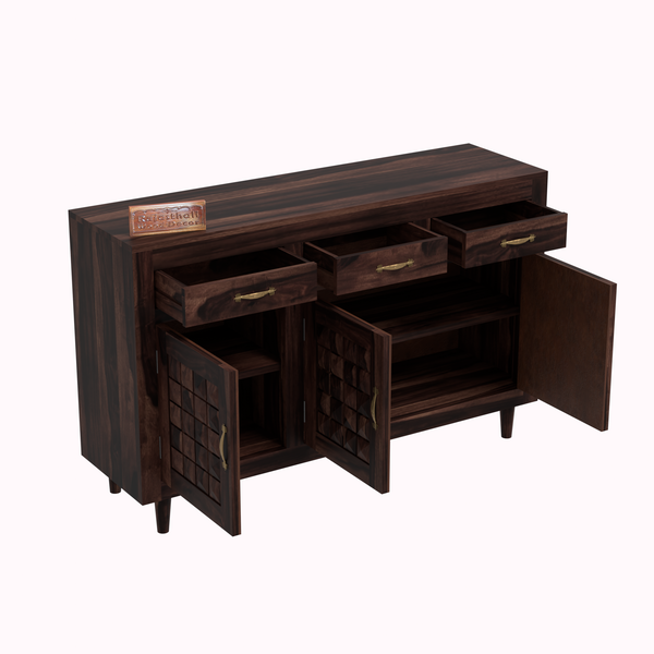 Wooden Sideboard Storage Cabinet with 3 Drawers and 3 Doors Storage Wooden Cabinet for Living Room in Walnut Finish - Rajasthali Furniture 