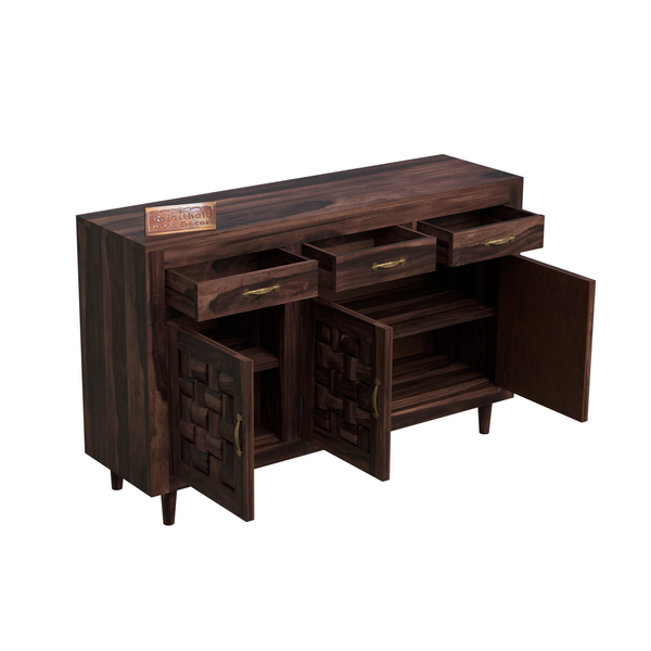 Wooden Sideboard Storage Cabinet with 3 Drawers and 3 Doors Storage Wooden Cabinet for Living Room in Walnut Finish - Rajasthali Furniture 