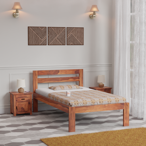 Wooden Single Bed with Open Design Headboard without storage For Bedrrom and kids room in Natural Finish