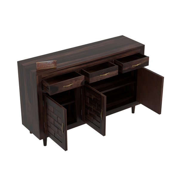 Wooden Sideboard Storage Cabinet with 3 Drawers and 3 Doors Storage Wooden Cabinet for Living Room in Walnut Finish - Rajasthali Furniture 