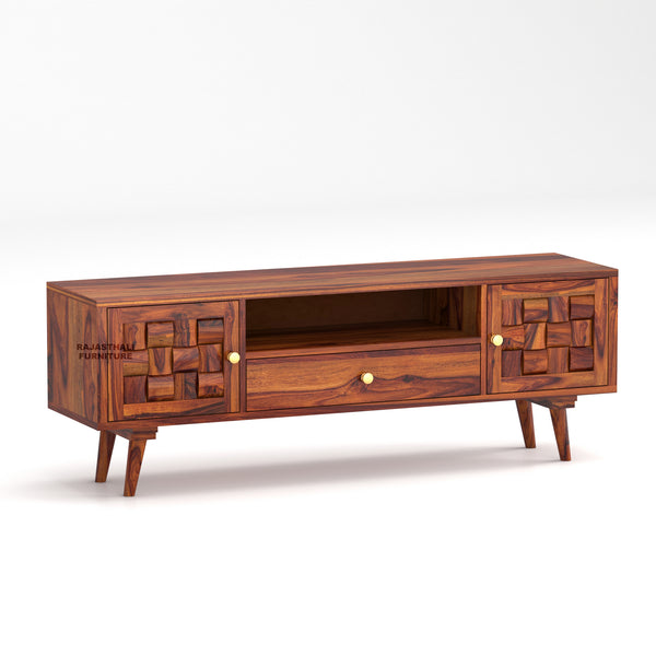 Sheesham Wood TV Unit with Mosaic Carved Doors | Solid Wood TV Console - Rajasthali Furniture 