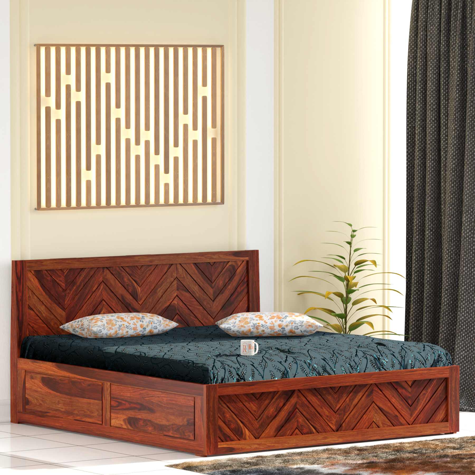 Daley Solid Wood Double Bed with Box Storage in Honey Oak Finish - Rajasthali Furniture 