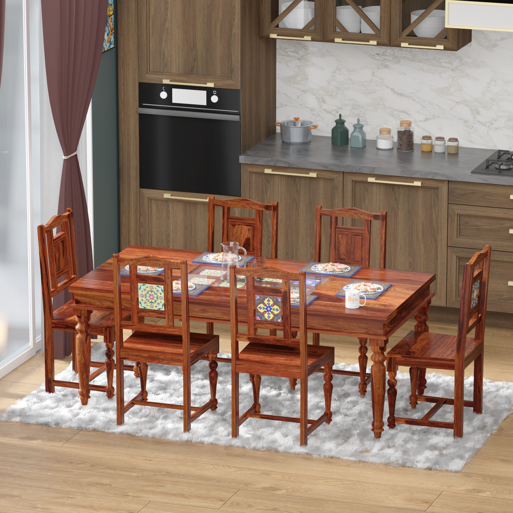 Solid Sheesham Wood Six Seat Ceramic Tile Dining Table Set in Natural Finish - Rajasthali Furniture 