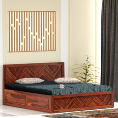 Daley Solid Wood Double Bed with Box Storage in Honey Oak Finish