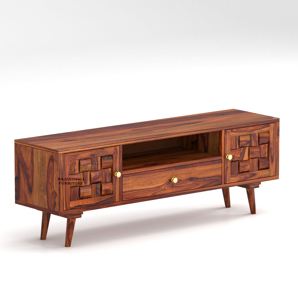 Sheesham Wood TV Unit with Mosaic Carved Doors | Solid Wood TV Console - Rajasthali Furniture 