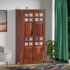 Solid Wood Ceramic Tile Floor Mounted Wardrobe/Almirah in Natural Finish - Rajasthali Furniture 