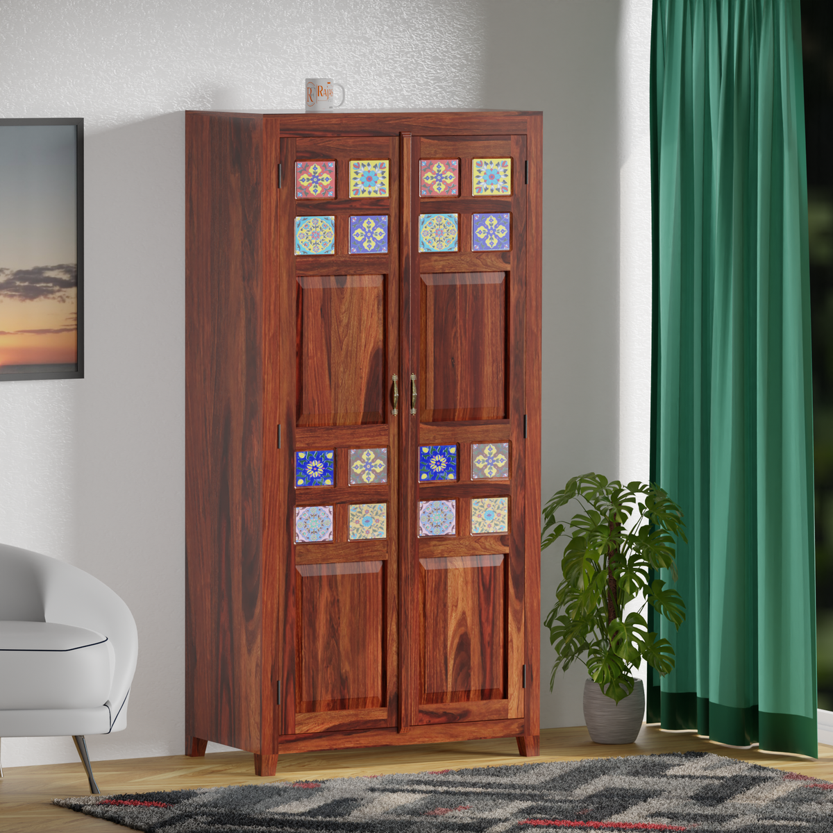 Solid Wood Ceramic Tile Floor Mounted Wardrobe/Almirah in Natural Finish - Rajasthali Furniture 