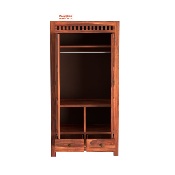 Wooden Two Door and Two Drawer Sheesham Wood Almirah Wardrobe for Bedroom in Honey oak and Dark Color with Natural and Walnut Finish - Rajasthali Furniture 