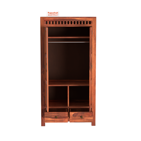 Wooden Two Door and Two Drawer Sheesham Wood Almirah Wardrobe for Bedroom in Honey oak and Dark Color with Natural and Walnut Finish