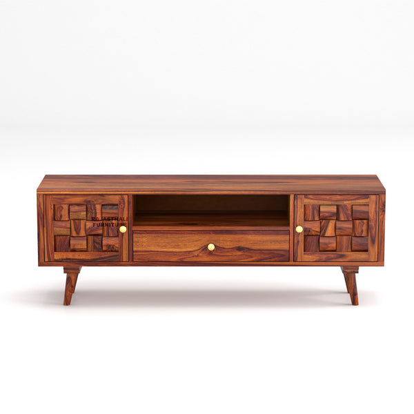 Sheesham Wood TV Unit with Mosaic Carved Doors | Solid Wood TV Console - Rajasthali Furniture 