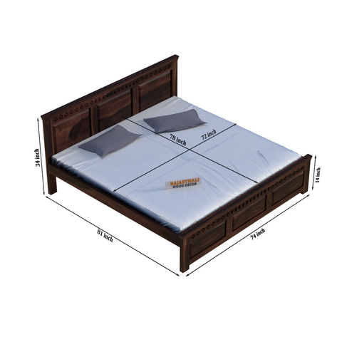 Solid Sheesham Wood King Size Bed with Headboard and Without Storage, Walnut Finish