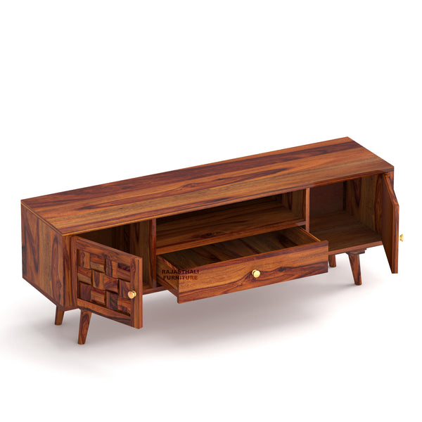 Sheesham Wood TV Unit with Mosaic Carved Doors | Solid Wood TV Console - Rajasthali Furniture 