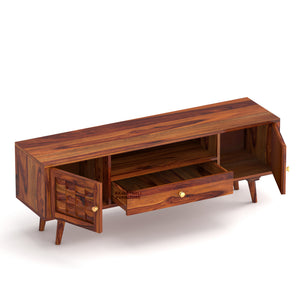 Sheesham Wood TV Unit with Mosaic Carved Doors | Solid Wood TV Console | Diamond