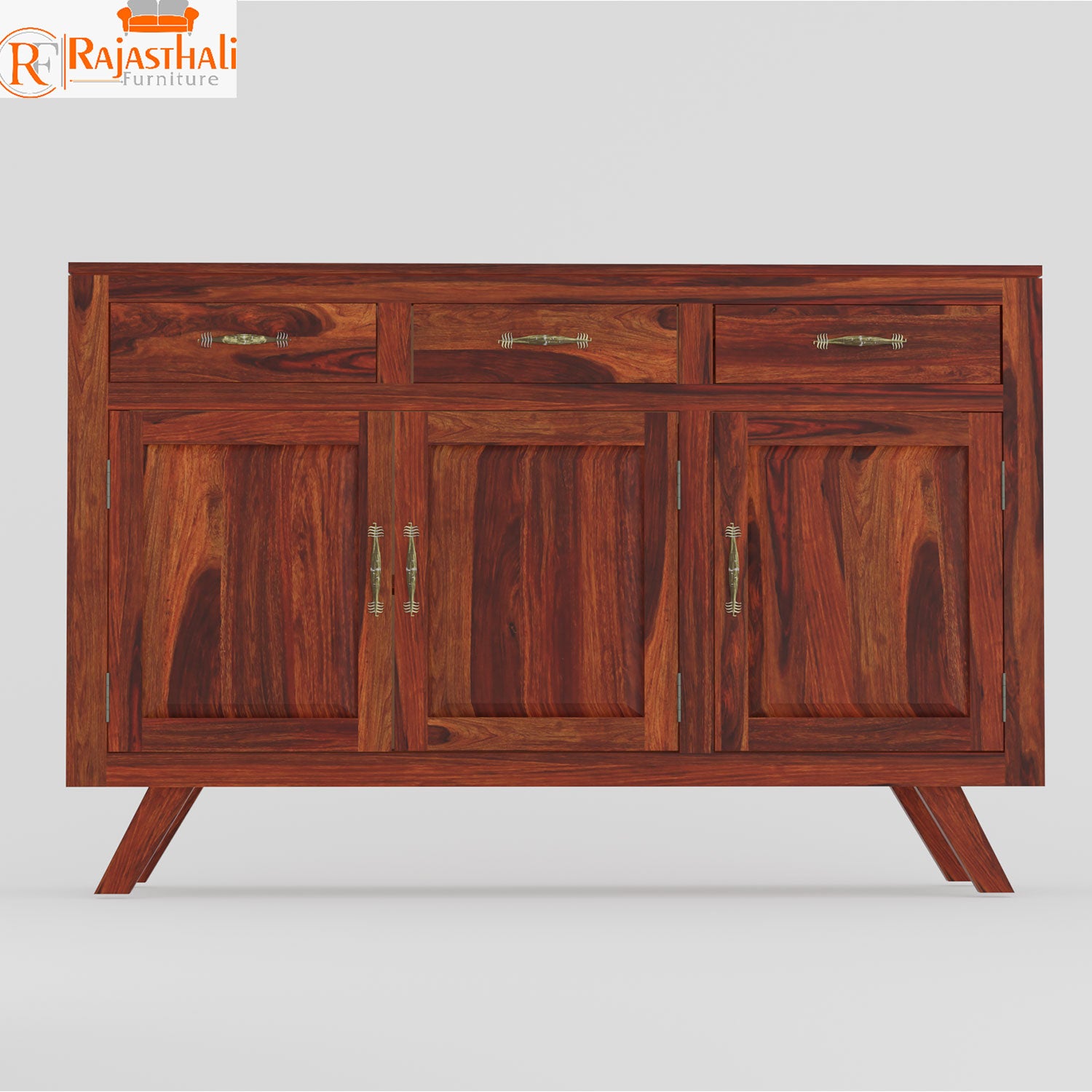 Purea Solid Wood Three Door and Three Drawer Floor Mounted Side Board in Honey Oak Finish - Rajasthali Furniture 