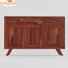 Purea Solid Wood Three Door and Three Drawer Floor Mounted Side Board in Honey Oak Finish - Rajasthali Furniture 