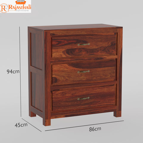 Mone Solid Wood Three Drawer Floor Mounted Chest Of Drawers in Honey Oak Finish - Rajasthali Furniture 