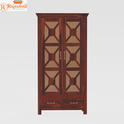 Mossback Solid Wood Floor Mounted Glass Door Book Cabinet in Honey Oak Finish - Rajasthali Furniture 