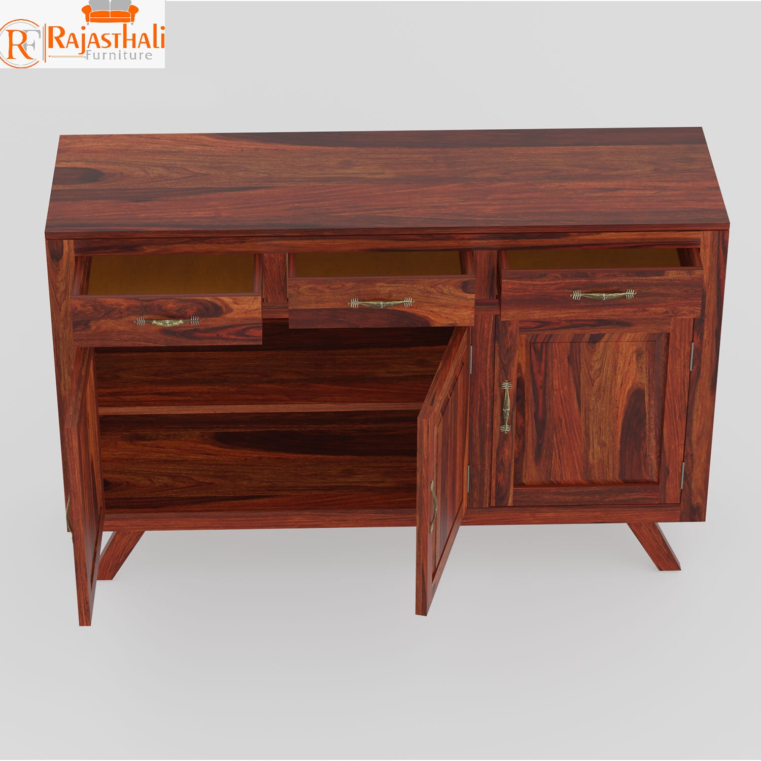 Purea Solid Wood Three Door and Three Drawer Floor Mounted Side Board in Honey Oak Finish - Rajasthali Furniture 