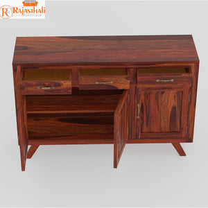 Purea Solid Wood Three Door and Three Drawer Floor Mounted Side Board in Honey Oak Finish - Rajasthali Furniture 