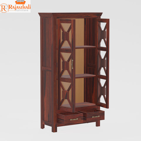 Mossback Solid Wood Floor Mounted Glass Door Book Cabinet in Honey Oak Finish - Rajasthali Furniture 