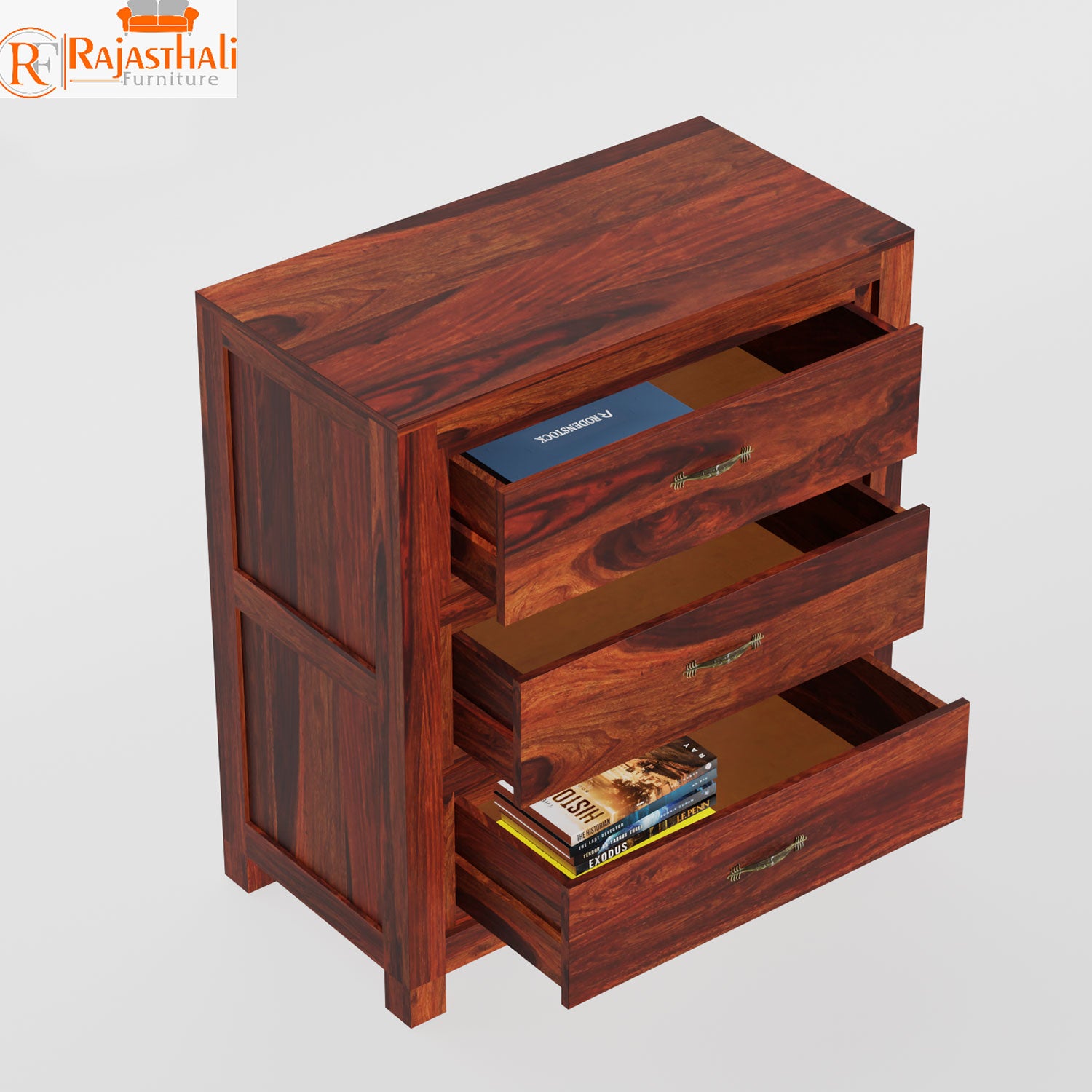 Mone Solid Wood Three Drawer Floor Mounted Chest Of Drawers in Honey Oak Finish - Rajasthali Furniture 