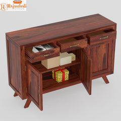 Purea Solid Wood Three Door and Three Drawer Floor Mounted Side Board in Honey Oak Finish - Rajasthali Furniture 