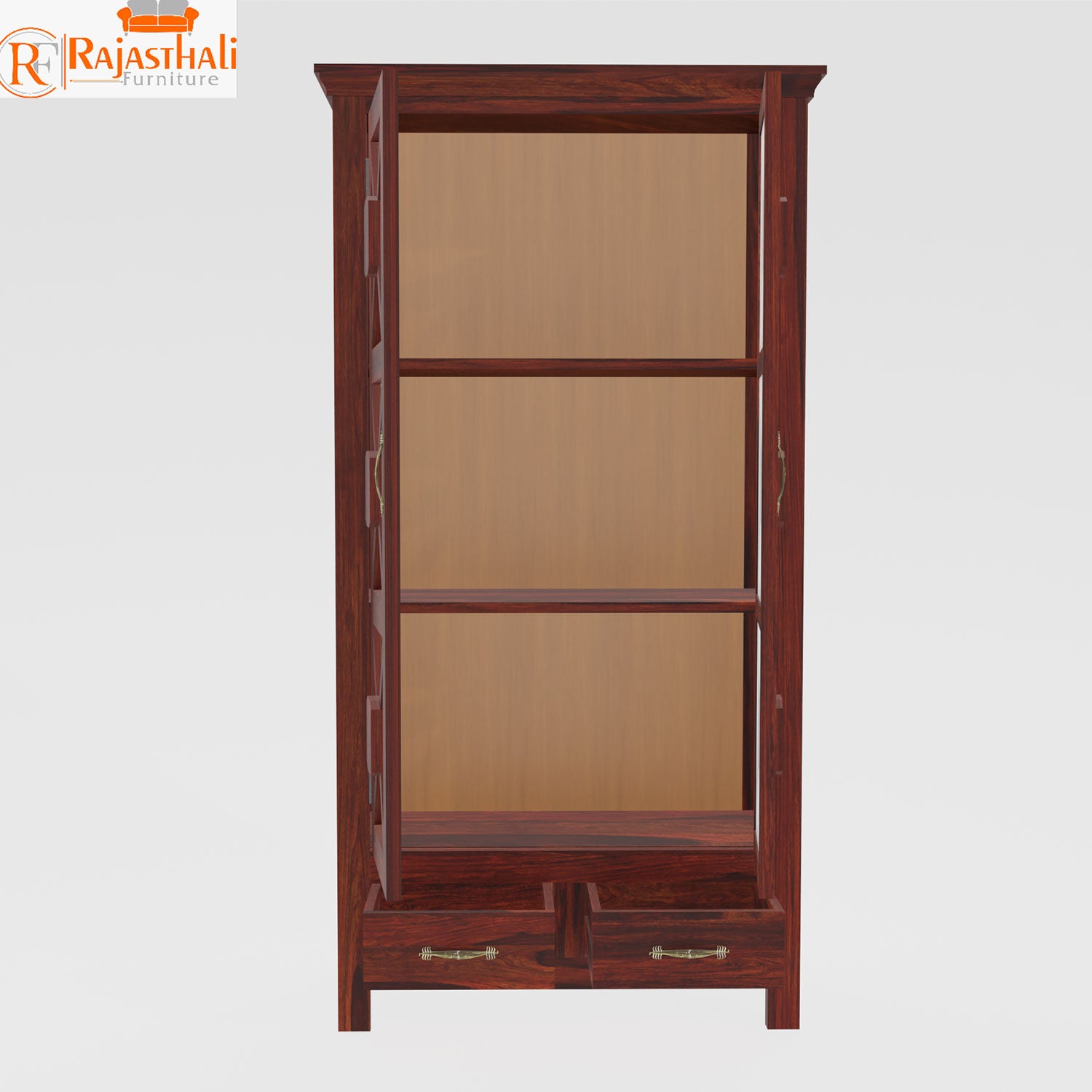 Mossback Solid Wood Floor Mounted Glass Door Book Cabinet in Honey Oak Finish - Rajasthali Furniture 