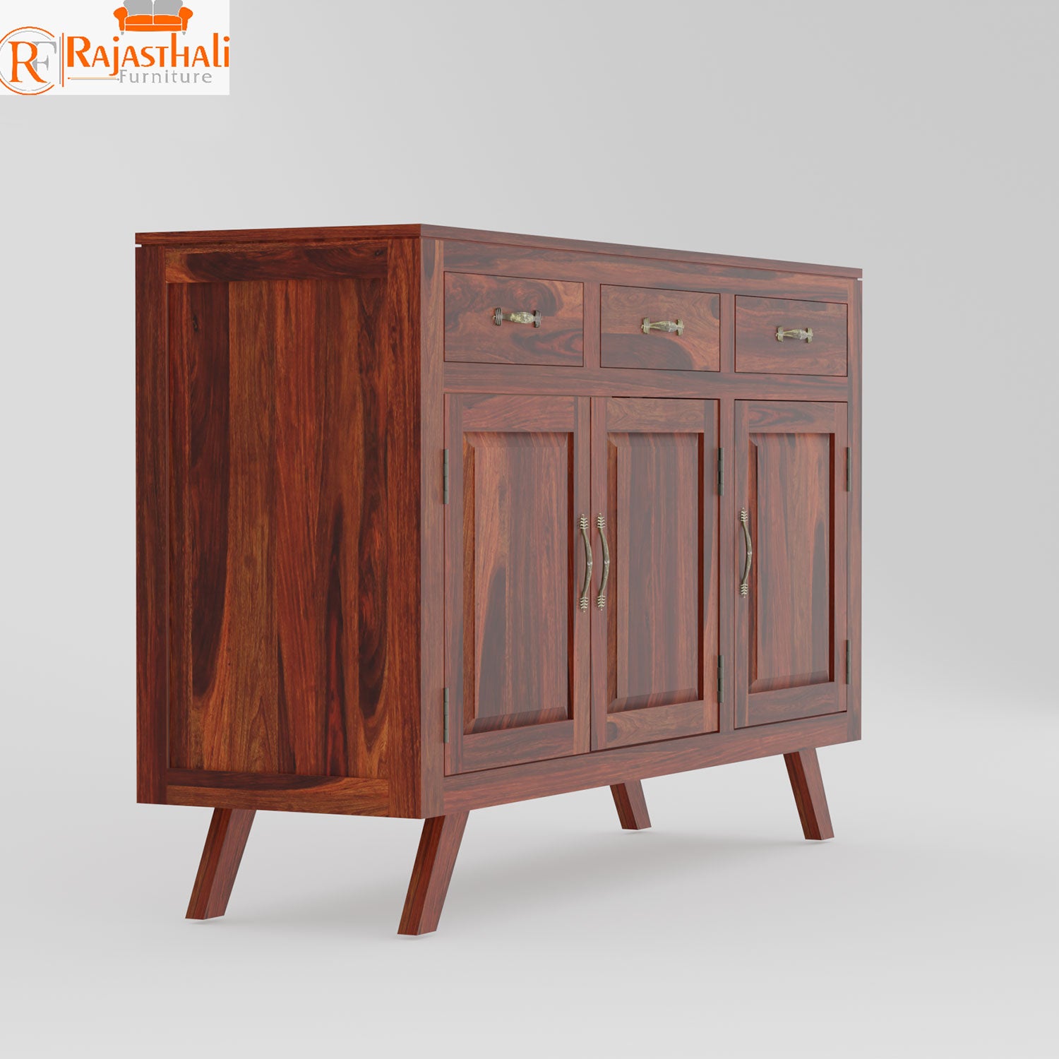 Purea Solid Wood Three Door and Three Drawer Floor Mounted Side Board in Honey Oak Finish - Rajasthali Furniture 