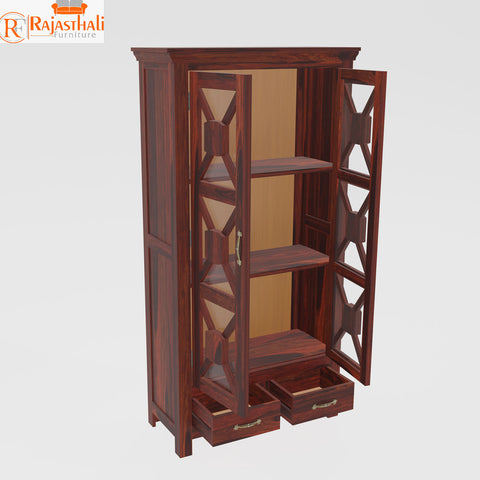 Mossback Solid Wood Floor Mounted Glass Door Book Cabinet in Honey Oak Finish - Rajasthali Furniture 